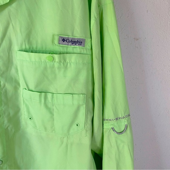 Columbia PFG Bright Green Button Down Long Sleeve Shirt Roll Tab Utility Mens 2X - Picture 2 of 4